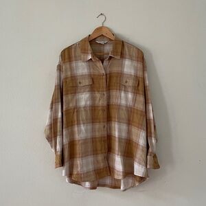 Old Navy Boyfriend Shirt Cream Tan Plaid Flannel Tunic Shirt XXL